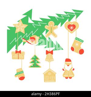 Grüner Zweig von weihnachtsbaum mit weihnachtsgebäck und Lebkuchen. Flache Grafik Als Vektorgrafik Stock Vektor