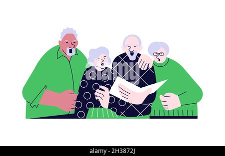 Ältere Menschen singen aus dem Liederbuch zusammen isoliert auf Weiß. Senioren Paare haben Musikhobby. Flache Grafik Als Vektorgrafik Stock Vektor