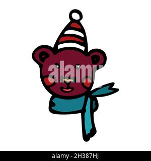 Fröhlicher Braunbär mit einem erröten Lächeln in einem rot-weißen Hut und einem grünen Schal im Cartoon-Stil. Stock Vektor