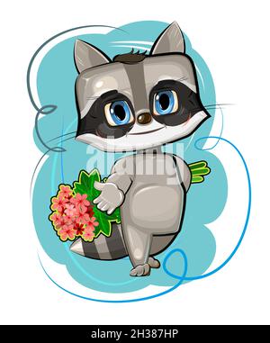 Das niedliche Kind Raccoon streckt seine Hand aus und deutet auf Freundschaft hin. Er möchte einen Blumenstrauß geben. Lustiges Tier. Illustration für Kinder. Isoliert Stock Vektor