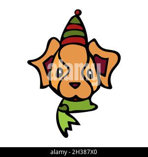 Fröhlicher Ingwer-Hund in einem rot-grünen Hut und einem grünen Schal im Cartoon-Stil. Stock Vektor