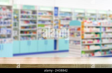 Hintergrund der Apothekentabelle. Blur Zähler der Apotheke mit Medikamenten, Tabletten und Pillen. Hochwertige Fotos Stockfoto