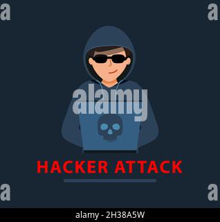 Hacker-Angriff. Mann in einem schwarzen Hoodie sitzt an einem Laptop. Cyber-Dieb. Stock Vektor