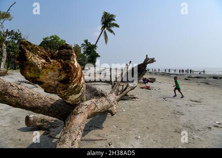 Tote Mangrovenbäume aufgrund des Klimawandels am Strand von Kuakata im Bezirk Patuakhali Kuakata, lokal bekannt als Sagar Kannya (Tochter des Meeres), liegt im Südwesten von Bangladesch. Der Wasserstand ist aufgrund des Klimawandels und der Sedimentation am Meeresgrund gestiegen. Da solche Flutwellen den Strand oft überfluten. Der Damm, der mit verschiedenen Arten von Bäumen und Garten, Öko-Park und Häusern bepflanzt ist, steht kurz vor dem Aussterben, da die Erosion aufgrund des Monsuns eine ernsthafte Wende genommen hat. (Foto von Piyas Biswas/SOPA Images/Sipa USA) Stockfoto