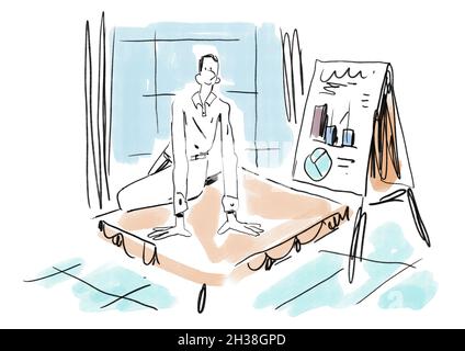 Lustiger Mann, Der Bei Der Arbeit Am Schreibtisch Sitzt Und Spricht, Angenehmes Stück Für Den Arbeitsmoment. Illustration Der Arbeit. Illustration Mit Schwarzer Umrisse Und Pastellfarbe. Auto Stockfoto