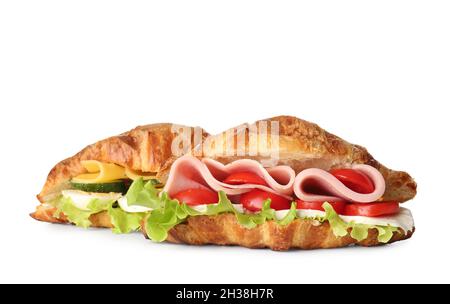 Köstliche Croissant-Sandwiches auf weißem Hintergrund Stockfoto