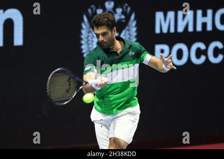 St. Petersburg, Russland. Oktober 2021. Pablo Andujar aus Spanien im Einsatz beim Tennisturnier St. Petersburg Open 2021 gegen Federico Delbonis aus Argentinien in der Sibur Arena.Endstand: (Federico Delbonis 0 - 2 Pablo Andujar). (Foto von Maksim Konstantinov/SOPA Images/Sipa USA) Quelle: SIPA USA/Alamy Live News Stockfoto