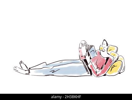 Lovely Guy lügt und genießt Ein gutes Buch, friedliche Lesung Moment Stück. Illustration Des Einfachen Lebens. Clipart mit Black Outline und stimulierendem Col Stockfoto