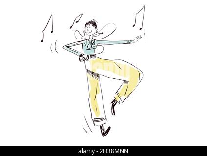 Smile Young Woman Dancing With Headphones At Street, Happy Music Note In Lifestyle Moment. Illustration Von Happy Life. Cartoon Mit Strichgrafiken Und Einfügen Stockfoto