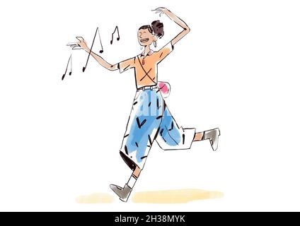 Junge Frau, Die Mit Big Smile Auf Der Straße Spazierengeht Und Singt, Happy Music Note In Lifestyle Moment. Illustration Von Happy Life. Skizze mit Strichgrafiken und P Stockfoto