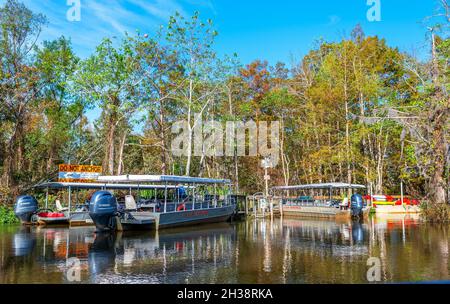 Die Boote der Louisiana Swamp Tour dockten an der Kajun Encounters Tour Company im Honey Island Swamp, St. Tammany Parish, USA. Stockfoto