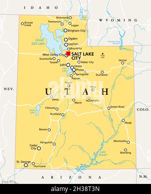 Utah, Utah, politische Karte, mit der Hauptstadt Salt Lake City. Staat in der Unterregion Mountain West der westlichen Vereinigten Staaten von Amerika. Beehive State. Stockfoto