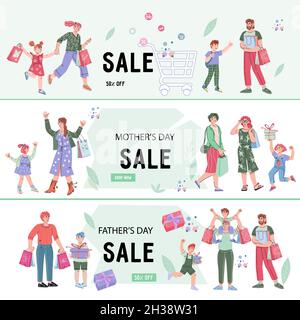 Set von Spruchbändern und Flyern für den Verkauf von Geschäften mit Menschen. Sonderrabatt bietet Werbebanner für Family Shopping, Father und Mother Day sa Stock Vektor