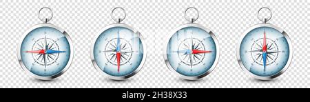 Realistischer Vintage-Kompass aus Silber mit mariner Windrose und Himmelsrichtungen nach Norden, Osten, Süden, Westen. Kompass aus glänzendem Metall Stock Vektor