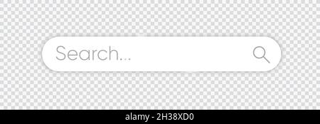 Hier suchen. Suchleiste für benutzeroberfläche. Vektorsymbole für Suchbalken in flachem Design, isoliert auf transparentem Hintergrund mit realistischem Schatten. Vektorgrafik. Stock Vektor