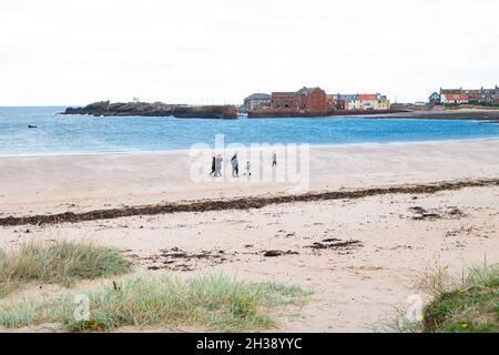 West Beach, North Berwick, Schottland, Großbritannien - Familiengruppe, die an windigen Tagen am Strand entlang läuft Stockfoto
