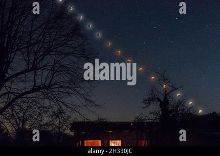 Bewegung der totalen Mondfinsternis am Nachthimmel am 21 2019. Januar über Münsterland, Deutschland Stockfoto