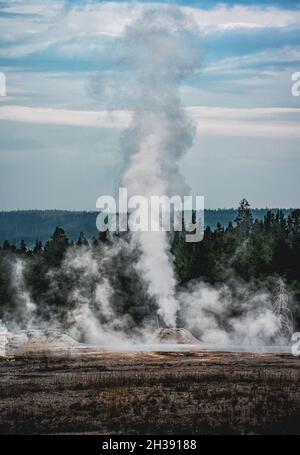 Vertikale Rauchaufnahme vom Old Faithful Geysir im Yellowstone National Park in Wyoming Stockfoto