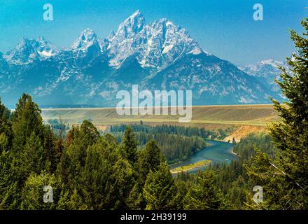 Mount Moran von Oxbow Bend am Snake River, Grand Teton National Park, Wyoming Stockfoto