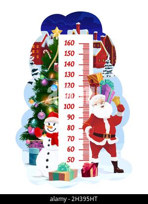 Kinder-Höhendiagramm mit Weihnachtsmann in der Winterstadt, Vektor-Wachstumsmesser. Kinder Höhe messen Karte oder Baby groß Skala, Cartoon Weihnachtsbaum mit Holid Stock Vektor