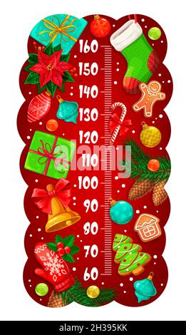 Weihnachten Kinder Höhendiagramm mit Geschenken, Weihnachtsstern und Stechbeere, Kiefer und Weihnachtskugeln, Vektor. Kinder Wachstumsmesser oder Baby hohe Skala mit Christus Stock Vektor