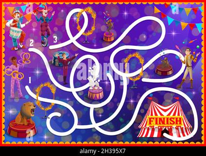 Kinder Labyrinth Labyrinth mit Zirkusfiguren. Kind spielen Aktivität mit Weg zu finden Aufgabe, Cartoon Vektor Kinder Labyrinth Labyrinth Spiel, Rätsel oder Quiz Stock Vektor