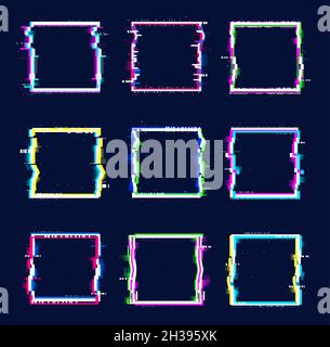Glitch Banner quadratischen Rahmen. Farbige abstrakte Ränder mit Glitch-Effekt. Vektor verzerrte neon leuchtende pixelisierte Rahmen. Isolierter TV-Bildschirm ohne Signal Stock Vektor