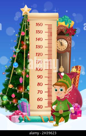 Größentabelle für Kinder. Weihnachtsbaum und lustige Elfe, Wachstumsmesser. Vektor-Wandaufkleber für Kinder Höhenmessung mit Cartoon niedlichen Weihnachtsmann-Helpe Stock Vektor