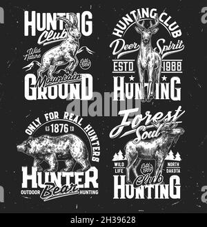 T-Shirt-Drucke mit wilden Skizzen Tiere Vektor Bär, Elch, Bergziege und Hirsch Trophäe. Hunter Club Maskottchen für Bekleidungsdesign. Isoliertes T-Shirt pri Stock Vektor
