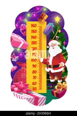 Weihnachten Kinder Höhendiagramm, Cartoon Santa mit Weihnachtsbaum Wachstumsmeter. Vektor Wandaufkleber für Kinder Höhenmessung mit lustigen Weihnachten Charact Stock Vektor