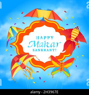 Makar Sankranti Urlaub Vektor-Banner mit Drachen der indischen Religion Festival. Farbenfrohe Papierspielzeug, die am Himmel fliegen, mit festlichen Konfetti, Schmetterlingen und Vögeln Stock Vektor