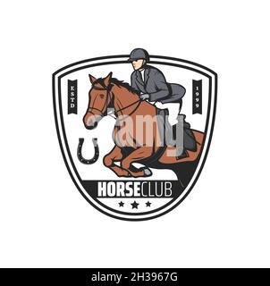 Pferderennsport-Symbol, Polo- oder Jockey-Reiten, Vektoremblem. Polo Jockey Sport, Pferderennen und Pferd Steeplechase oder Reiten tournam Stock Vektor
