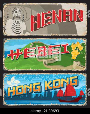 China-Platten für die Regionen Hebei, Hongkong und Henan. China Provinzen und Regionen Zinnschilder, Grunge-Platten, Vektor Reise Aufkleber mit Longmen Grotten Stock Vektor