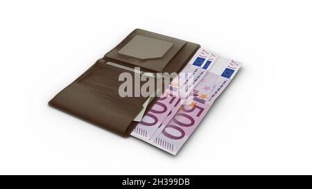 3D-Rendering von Euro-Scheinen in der Brieftasche Stockfoto