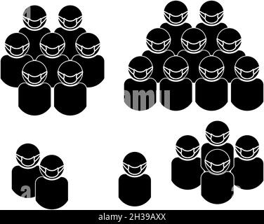 Gruppe von Symbolen mit medizinischen Masken. Menschenmenge, die sich vor einer Infektionskrankheit schützt. Viruskontamination. Corona Virus. Dange Stock Vektor