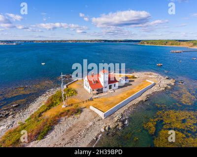 Wood Island Life Saving Station Luftaufnahme auf Wood Island an der Mündung des Piscataqua River in Portsmouth Harbor, Kittery, Maine ME, USA. Stockfoto