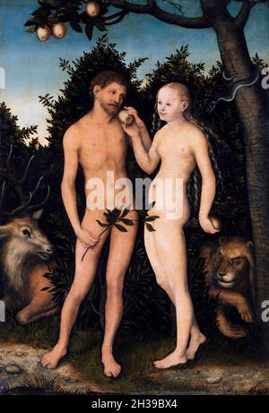 Eva, die Adam die verbotene Frucht anbietet, Gemälde von Lucas Cranach dem Älteren Stockfoto