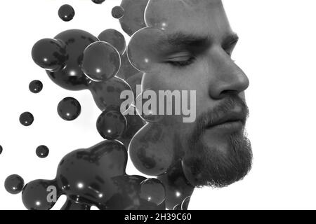 Ein doppeltes Porträt eines hübschen jungen Mannes kombiniert mit schwebenden Kugeln. Stockfoto
