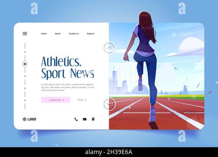 Leichtathletik-Banner mit Mädchen beim Joggen auf der Rennstrecke im Stadion. Vektor-Landing-Page mit Sport-News mit Cartoon-Illustration von Frau Training auf der roten Laufspur Stock Vektor