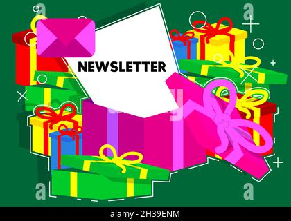 Geöffnete Geschenkbox mit weißem Papier und Newsletter-Text und -Symbol. Business-Marketing-Kampagne. Internet-Mailing. Weihnachten, Neujahr oder Geburtstag vorpresen Stock Vektor