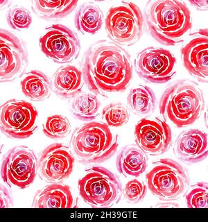 Nahtloses Muster aus rosa und roten Rosen in verschiedenen Größen auf weißem Hintergrund. Wunderschöne Blumen. Aquarell-Illustration für Textildesign, Cover, Tapete, Geschenkpapier. Stockfoto