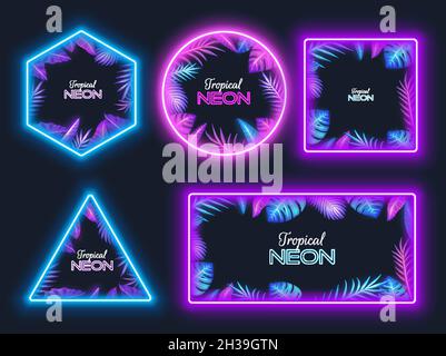 Tropic-Rahmen-Set mit Handfläche, Monstera-Blättern. Dschungelgrenzen, Neonlicht Design Vektor Illustration. Stock Vektor