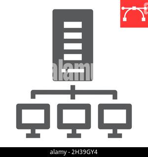 Glyphen-Symbol für das Servernetzwerk, Datenbank und Verbindung, Vektorsymbol für Webhosting, Vektorgrafiken, bearbeitbarer Strich, Volumenkörper, eps 10. Stock Vektor