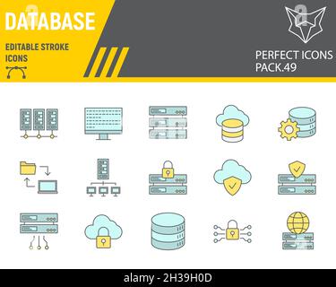Datenbank-Farblinien-Symbolsatz, Cloud Computing-Sammlung, Vektorgrafiken, Logo-Illustrationen, Big-Data-Vektorsymbole, Datenbankzeichen, gefüllte Umrisspictogramme, bearbeitbarer Strich Stock Vektor