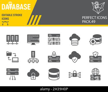 Datenbank Glyphen Icon Set, Cloud Computing Sammlung, Vektorgrafiken, Logo Illustrationen, Big Data Vektor Icons, Datenbank Zeichen, solide Piktogramme, editierbare Kontur Stock Vektor