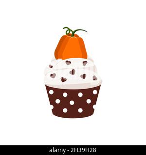 Cupcake mit orangefarbenem Kürbis und Zuckercreme mit Schokoladenherz-Dessert. Stock Vektor