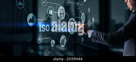 ISO 27001. Internationaler Informationssicherheitsstandard. Konzept der ISO-Normen Qualitätskontrolle Garantie. Stockfoto
