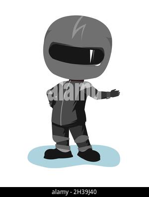 Motorradfahrer in einer schwarzen Jacke und Helm. Biker-Uniform. Cartoon-Stil. Anhalter auf der Straße. Flaches Design. Isoliert auf weißem Hintergrund. Vektor Stock Vektor