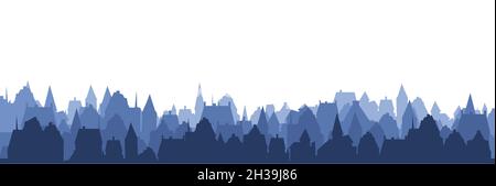 Kleine Stadt Straßen Silhouette. Dächer von Häusern. Landschaft auf dem Land. Flacher Cartoon-Stil. Nahtlose Illustration. Isoliert auf weißem Hintergrund. Vektorgrafiken Stock Vektor