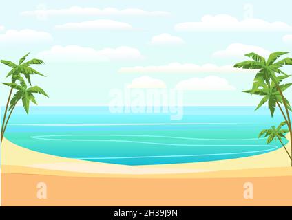 Strand am Meer. Sommerlandschaft. Weit weg ist der Ozeanhorizont. Ruhiges Wetter. Flache Illustration. Vektor. Stock Vektor